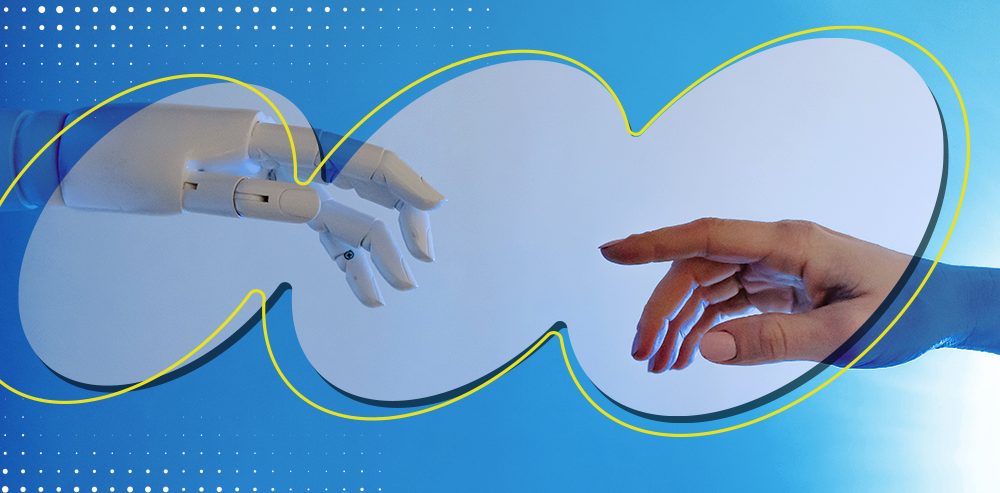 Mão de um robô e de uma pessoa quase se encostam representando o uso de RPA no setor financeiro.
