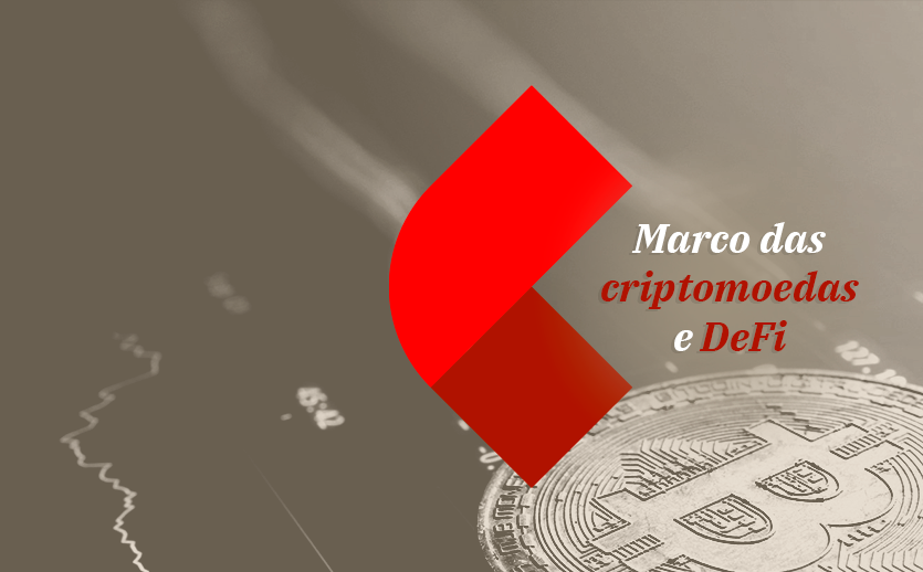 moeda de bitcoin com a frase Marco das criptomoedas e DeFi.