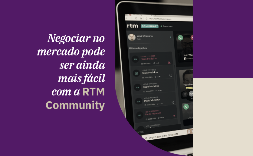Arte que mostra a tela da solução RTM Community, que facilita a comunicação entre traders.