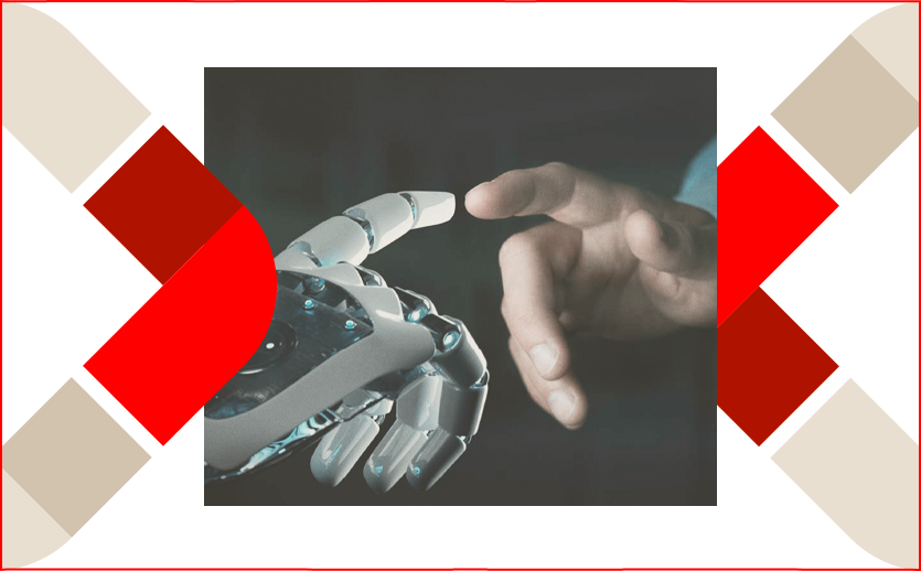 Mão mecânica e mão humana se tocam, representando o uso Inteligência Artificial em processos de investimentos.