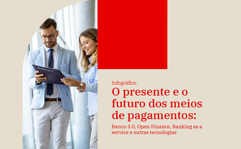 Executivos conversam e visualizam o infográfico sobre presente e futuro dos meios de pagamentos em tablet.