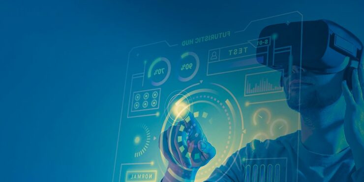 metaverso-e-mercado-financeiro Head de inovação utiliza um óculos de realidade aumentada para acessar o metaverso e suas aplicações no mercado financeiro.