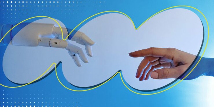 Mão de um robô e de uma pessoa quase se encostam representando o uso de RPA no setor financeiro.